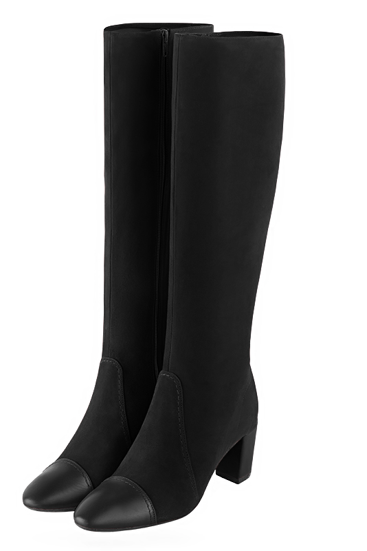 Satin black women's feminine knee-high boots. Round toe. Medium block heels. Made to measure - Florence KOOIJMAN